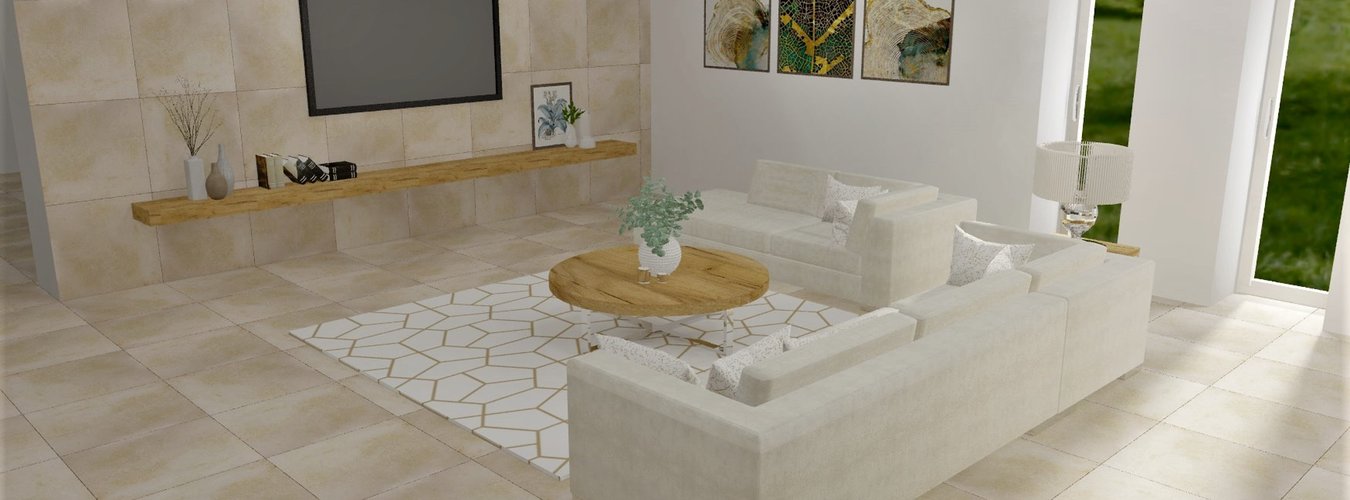 Vizualizace obývacího pokoje s dlažbou imitující beton 6060RO Beige