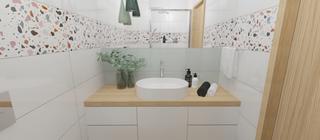 Levné bílé obklady do koupelny s barevným dekorem na stěnách