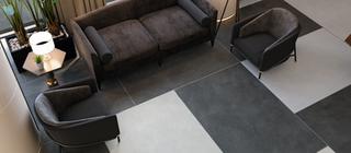 Dlažba imitující beton Concept bílá a černá barva v obývacím pokoji na podlaze