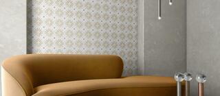 Dekorovaná dlažba Fauna greige šedá a žlutá barva na stěně v interiéru