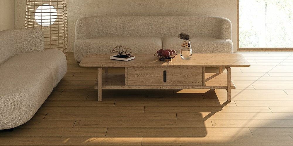 Dlažba imitující dřevo Diamond honey - zlatá medová barva v obývacím pokoji