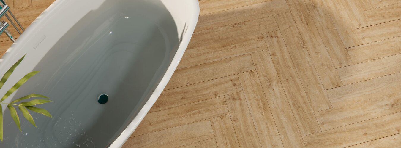 Dlažba imitující rustikální dřevo Punk natural světle hnědá barva na podlaze v koupelně