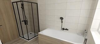 Koupelnové obklady Manila světle a tmavě béžová barva na stěnách v koupelně imitace dřeva na podlaze