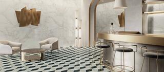 Obklad na stěně imitace mramoru Versace Tarsia bianco dolomiti lux na podlaze dekor 3D cubical nero lux
