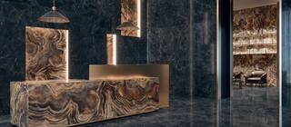 Obklad a dlažba imitace mramoru Versace Tarsia Nero imperiale lux 3D dekorace Gemstone mystery black komerční prostor