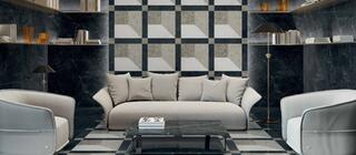 Obklad na stěně designový dekor Versace Tarsia prospect nero lux 3D na podlaze černá imitace mramoru nero imperiale lux