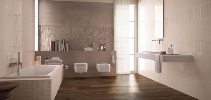 Obklady do koupelny COLOR FLOW - Designová koupelna s barevnými obklady a dlažbou v imitaci dřeva.Obklady do koupelny COLOR FLOW - Designová koupelna s barevnými obklady a dlažbou v imitaci dřeva.
