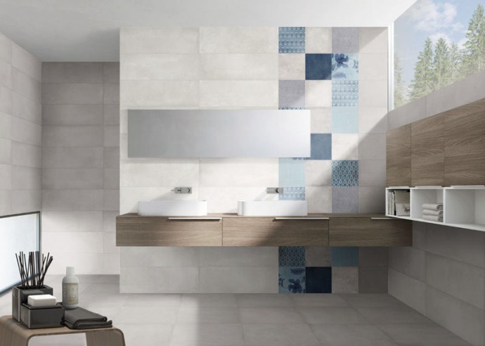 Obklady a dlažba do koupelny MAISON - Designová koupelna s obklady v imitaci betonu doplněnými modrými dekory.Obklady a dlažba do koupelny MAISON - Designová koupelna s obklady v imitaci betonu doplněnými modrými dekory.