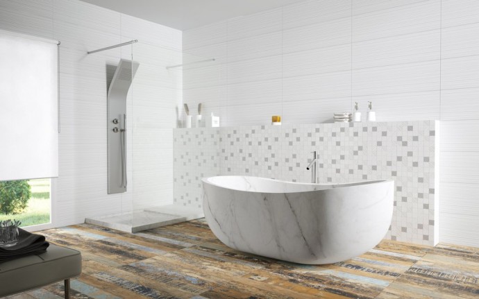 Designové obklady a dlažba NEUTRAL - Designové obklady do koupelny v kombinaci s dlažbou v imitaci dřeva.Designové obklady a dlažba NEUTRAL - Designové obklady do koupelny v kombinaci s dlažbou v imitaci dřeva.