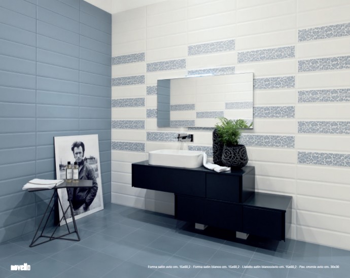 VALENTINO - obklad: Bianco, Avio 15x60,2, Listello Avio Bianco 15x60,2 - Kombinace bílých a modrých luxusních obkladů do koupelny a modré luxusní dlažby pro elegantní a přesto moderní koupelnu.VALENTINO - obklad: Bianco, Avio 15x60,2, Listello Avio Bianco 15x60,2 - Kombinace bílých a modrých luxusních obkladů do koupelny a modré luxusní dlažby pro elegantní a přesto moderní koupelnu.